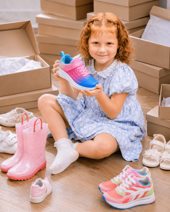 Third-grade girl trying on colorful Dream Pairs Kids' shoes for back-to-school